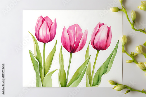 Watercolor painting of three pink tulips, Celebrating International Women's Day, feminist empowerment concept photo