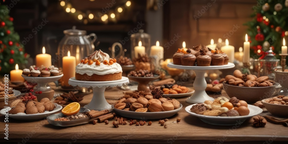 A Christmas Eve dessert table with an array of sweet treats and warm spices, warm spices, festive treats A Christmas Eve dessert table with an array of sweet treats and warm spices, warm spices, festive treats