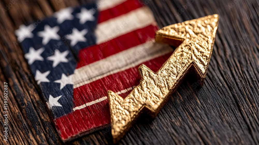 Fototapeta premium A golden arrow overlays an American flag patch on a wooden surface, symbolizing progress and patriotism.