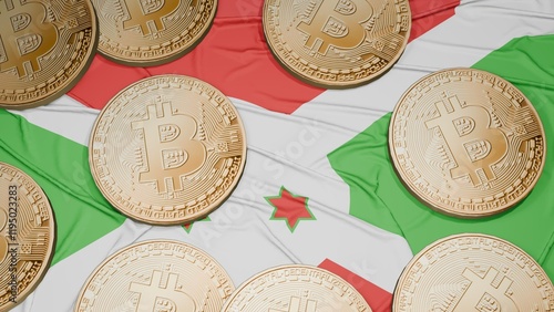 Several bitcoins are laid out on the flag of Burundi