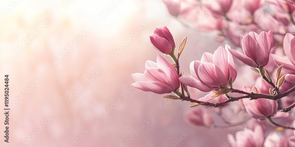 Pink magnolia branch close-up with soft bokeh background featuring semi-opened buds and delicate blossoms on the right side with ample copy space. Pink magnolia branch close-up with soft bokeh background featuring semi-opened buds and delicate blossoms on the right side with ample copy space.