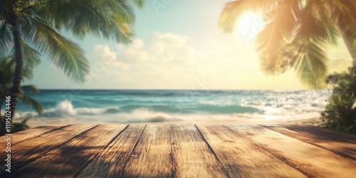 Fototapeta Naklejka Na Ścianę i Meble -  Tropical beach scene with palm trees in the foreground on the right side, golden sunlight glimmering over blue ocean waves during sunset.