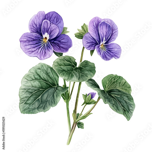 A watercolor drawing of sweet violet, isolated on a white background. Sweet violet vector.
