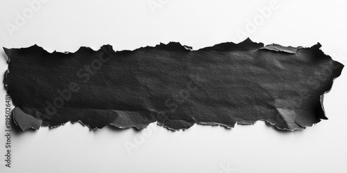 Torn black paper strip on a white background creating a blank canvas for text advertising with uneven edges and deep shadows highlights photo