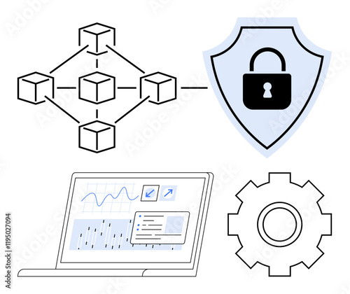 Blockchain nodes interconnected with shield lock icon, laptop analyzing data trends, and gearwheel representing operations. Ideal for technology, security, blockchain, data, analytics, automation