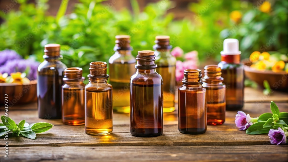 Aromatic essential oil bottles lined up on a wooden desk, with a few drops of oil visible on the surface, aromatic Aromatic essential oil bottles lined up on a wooden desk, with a few drops of oil visible on the surface, aromatic