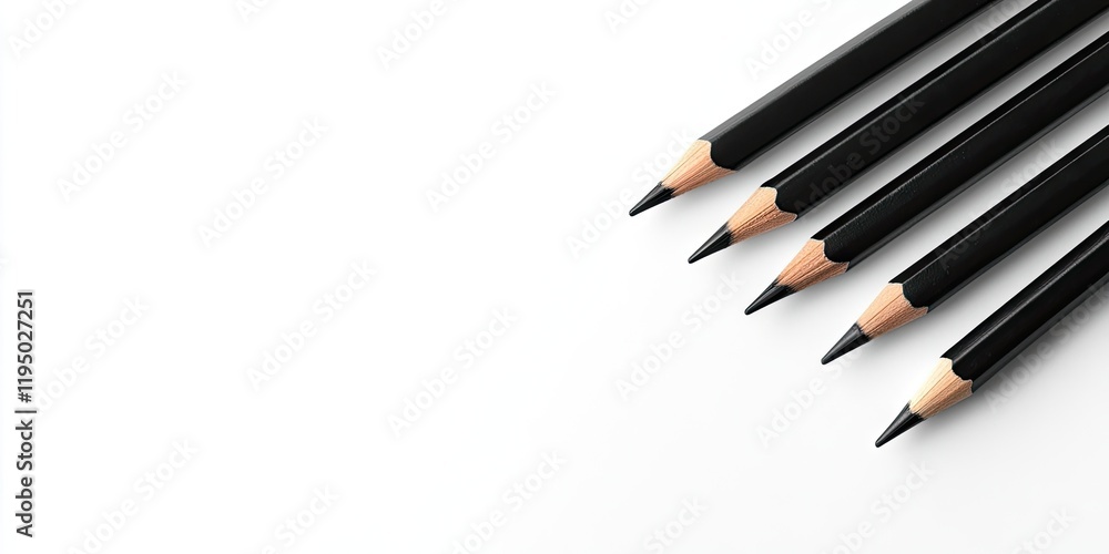 Black colored pencils arranged diagonally on a white background featuring ample negative space for text with a focus on the pencil tips and wood. Black colored pencils arranged diagonally on a white background featuring ample negative space for text with a focus on the pencil tips and wood.
