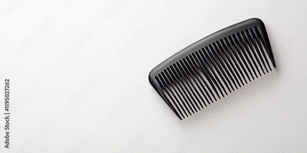 Black plastic hair comb positioned diagonally on a white background providing ample negative space for text or branding in a minimalist style. Black plastic hair comb positioned diagonally on a white background providing ample negative space for text or branding in a minimalist style.