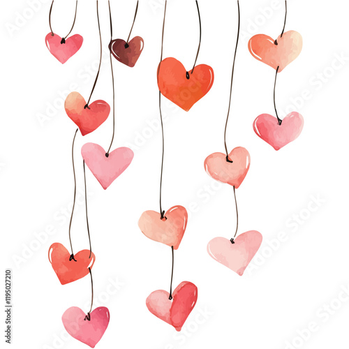 A watercolor of string of hearts, isolated on a white background. String of hearts vector.
