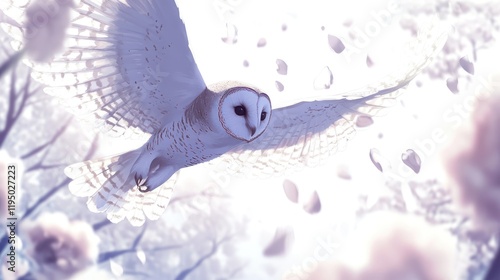 Barn owl flies among white petals; peaceful, romantic scenery for cards, web photo