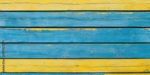 Vibrant blue and yellow horizontal wooden planks form a textured backdrop with distinct color separation ideal for creative design projects photo