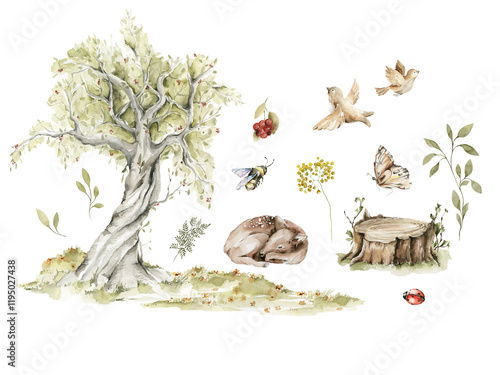 Photography Watercolor nursery woodland composition with character