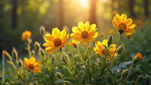 Bright yellow flowers bloom in a sunlit forest during early morning hours