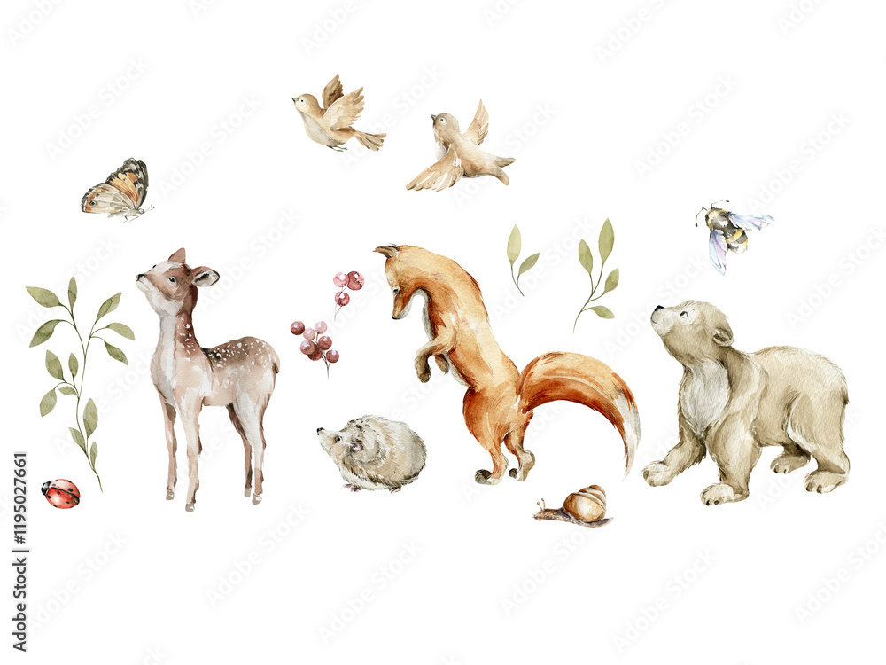 Fototapeta premium Watercolor nursery woodland composition with character. Hand painted cute baby animals in wild, forest summer landscape, tree, deer, fox, birds, bear. illustration for baby shower, kids print