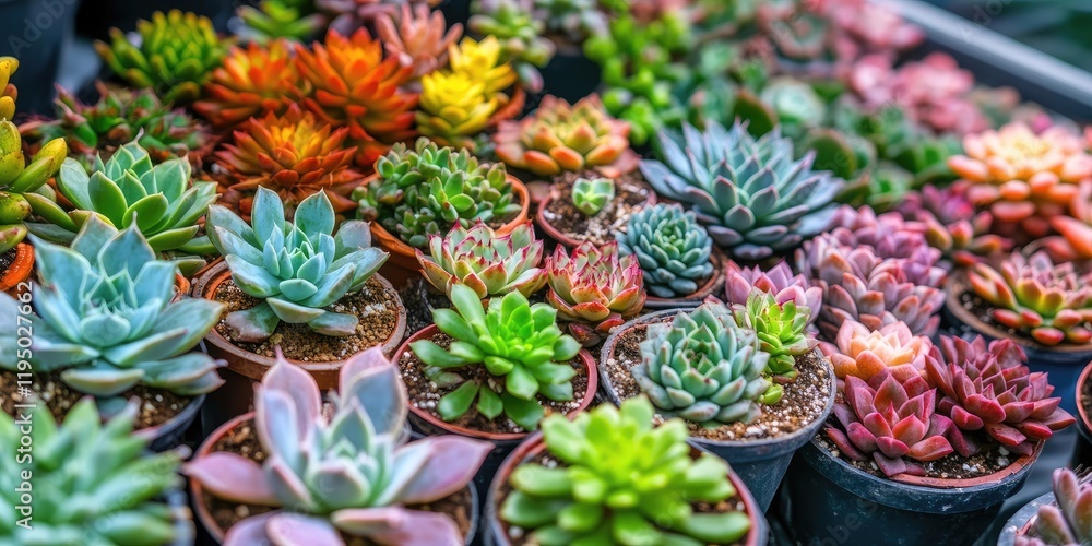 Fototapeta premium Vibrant succulent garden viewed from above with rich greens, reds, and purples, showcasing varied textures and shapes in colorful pots.
