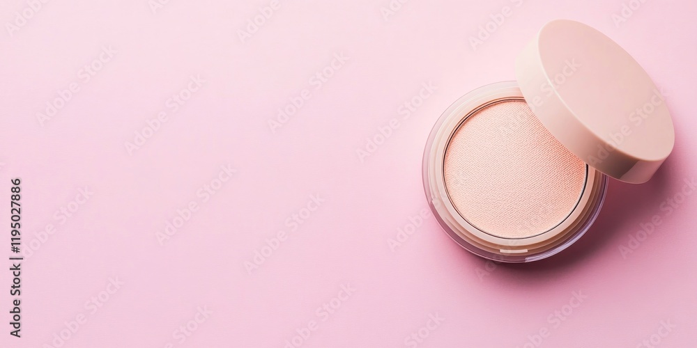 Compact powder case in soft beige featuring a round lid on a light pink background with ample copy space for beauty product promotion. Compact powder case in soft beige featuring a round lid on a light pink background with ample copy space for beauty product promotion.