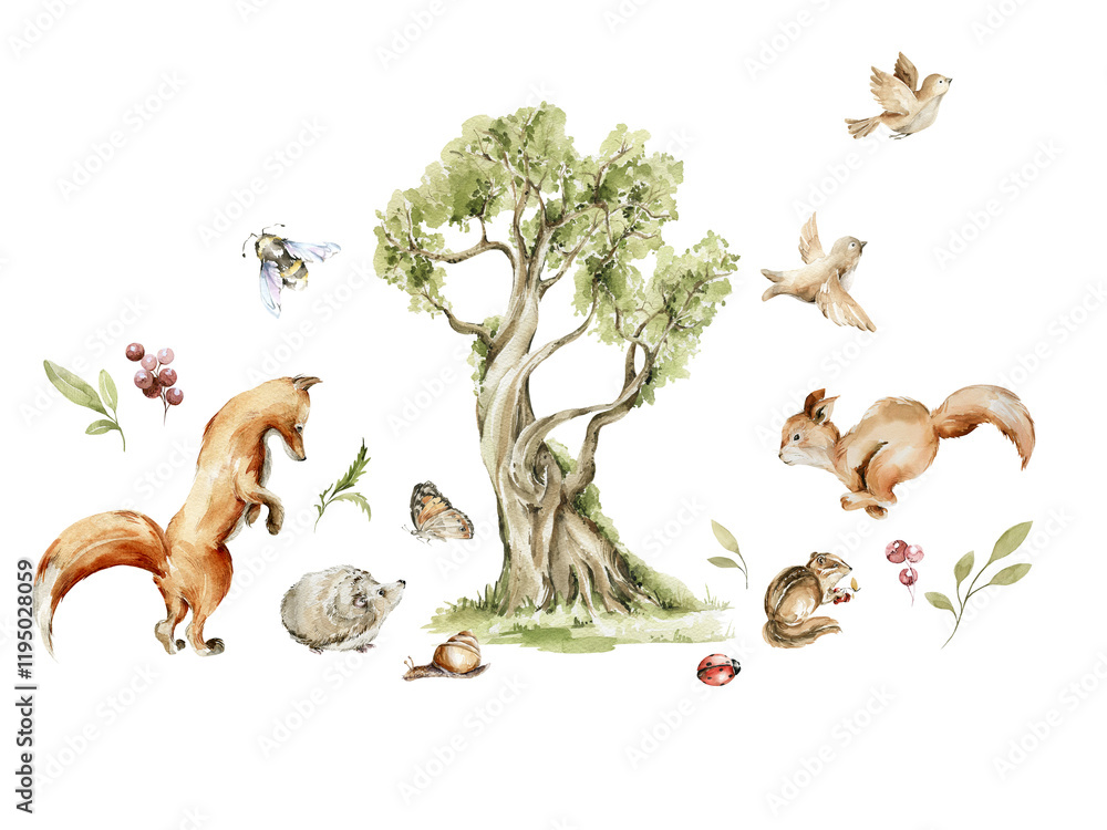 Fototapeta premium Watercolor nursery woodland composition with character. Hand painted cute baby animals in wild, forest summer landscape, tree, fox, squirrel, birds, bear. illustration for baby shower, kids print