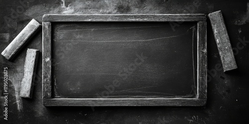 Empty wooden blackboard framed in gray positioned centrally with scattered white chalk pieces on a textured dark background. photo