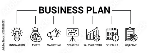 Business plan banner icon with innovation, assets, marketing, strategy, sales growth, schedule, objective