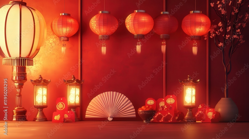 A traditional Chinese New Year backdrop with glowing lanterns, decorative fans, and lucky red envelopes.