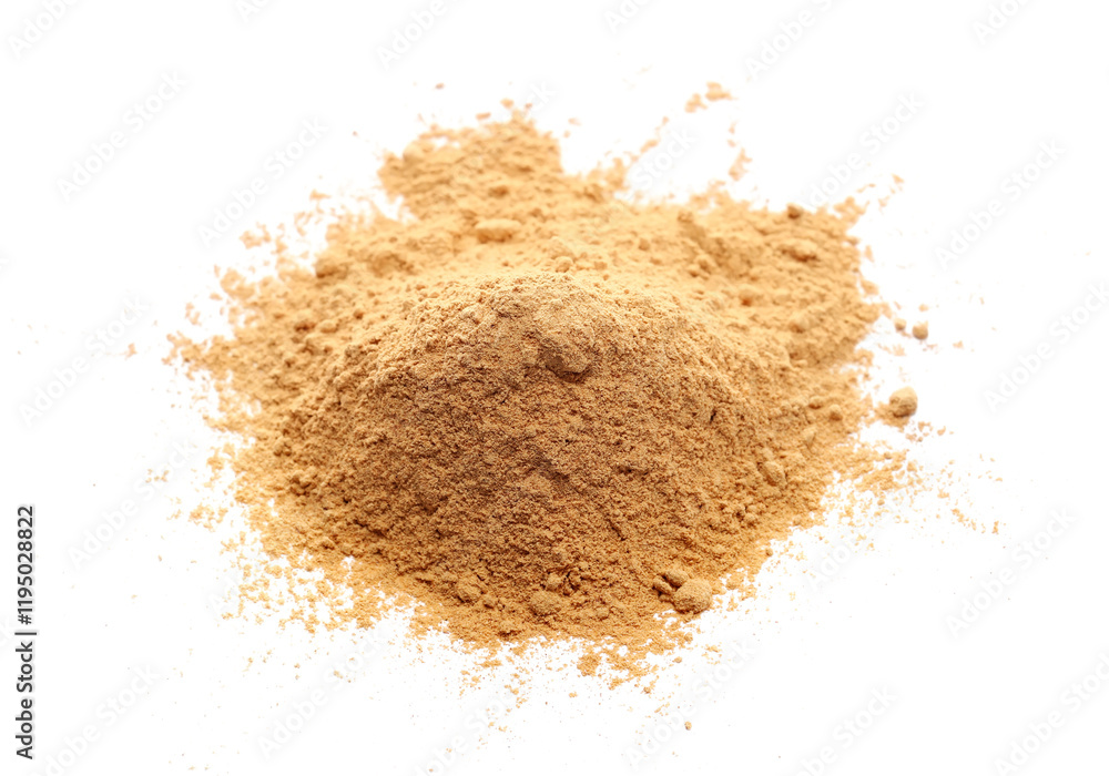 Red maca organic powder scattered isolated on white, top view Red maca organic powder scattered isolated on white, top view