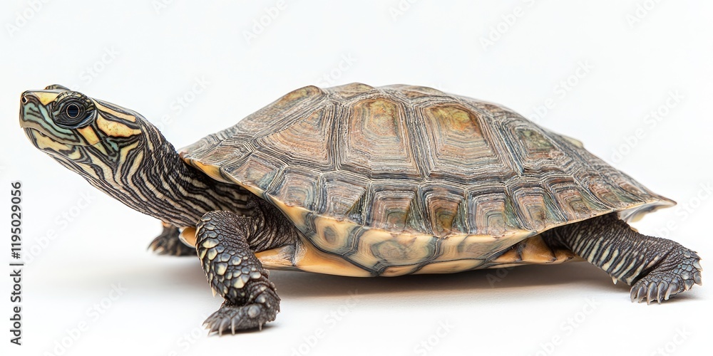 Obraz premium Barbours Map Turtle Graptemys barbouri showcasing intricate shell patterns in earthy tones positioned left against a clean white background