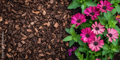 Obraz na płótnie Vibrant pink and purple flowers on the right with rich brown bark chip mulch on the left creating a natural garden setting with space for text. w salonie