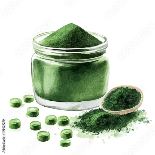 A watercolor vector of Spirulina, isolated on a white background. Spirulina vector.
