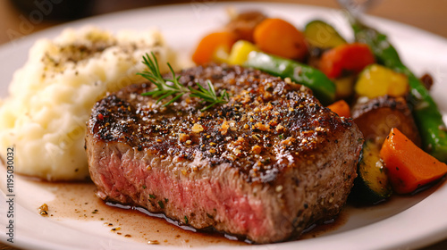 A garlic parmesan crusted steak served with a side of roasted vegetables and mashed potatoes.
