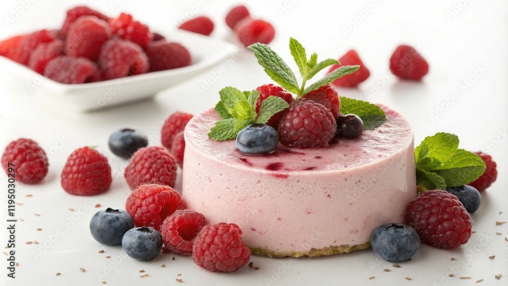 A light pink dessert with raspberry and mint topping surrounded by fresh berries, sugar sweets, minty flavors, whipped cream desserts A light pink dessert with raspberry and mint topping surrounded by fresh berries, sugar sweets, minty flavors, whipped cream desserts