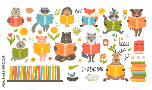 Animals reading book. Spring cute fantasy hand-drawn animals set: cat, hare, fox, owl, rabbit, wolf, pig; boar, bear, hedgehog, boar, deer.