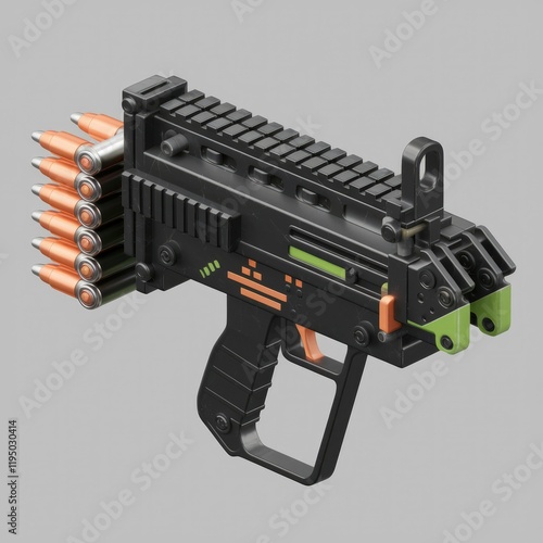 Futuristic black submachine gun with visible ammunition belt and green accents. photo