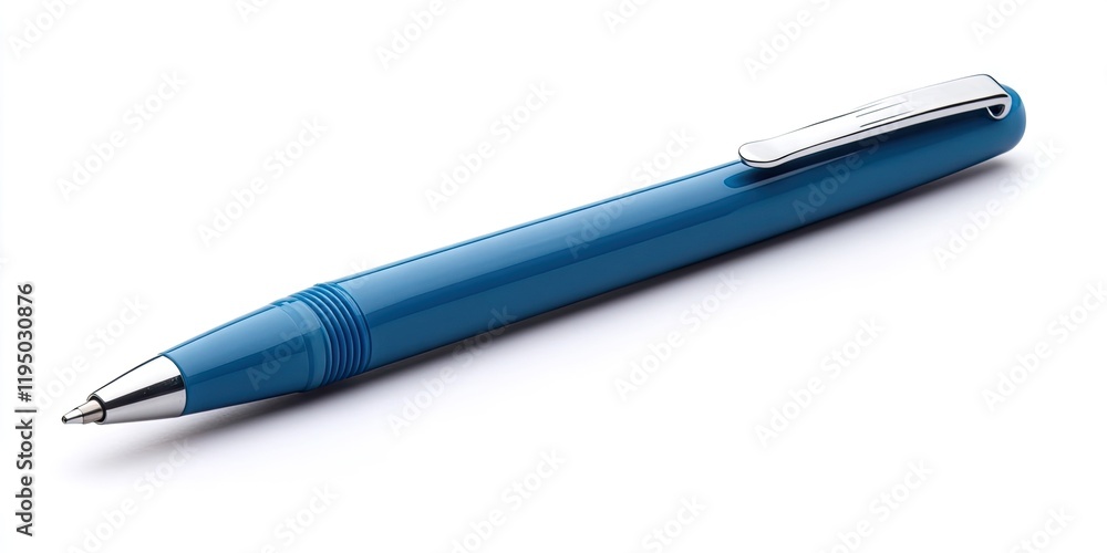 Blue ballpoint pen lying horizontally on a white background with a shiny silver clip creating a sleek and modern aesthetic. Blue ballpoint pen lying horizontally on a white background with a shiny silver clip creating a sleek and modern aesthetic.