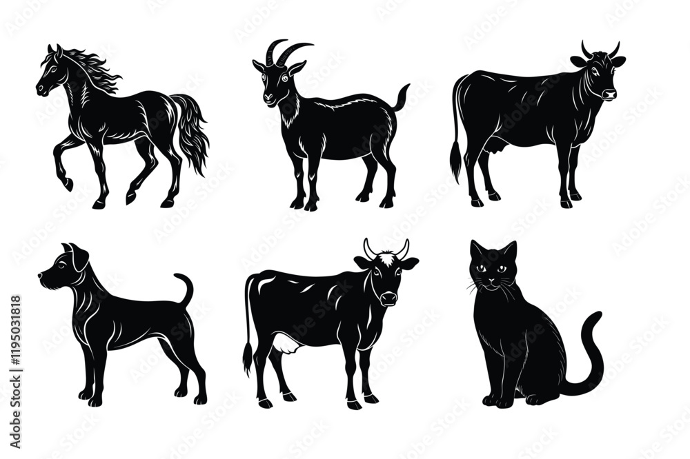 Fototapeta premium Animal silhouettes set. Domestic animals cat, dog, cow, horse, sheep, goat vector illustration