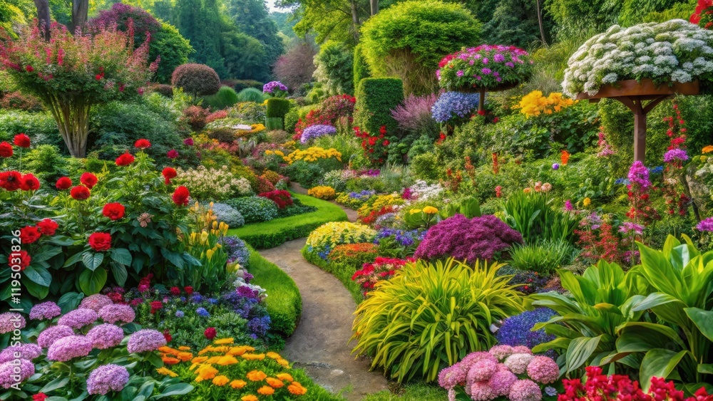 A lush garden with a variety of colorful flowers and greenery, vibrant blooms, garden design, leafy greens, botanicals A lush garden with a variety of colorful flowers and greenery, vibrant blooms, garden design, leafy greens, botanicals