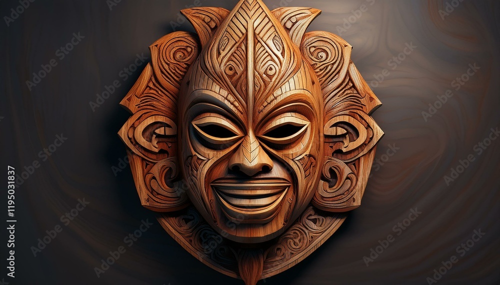 a 3d rendering of a carved wooden mask a 3d rendering of a carved wooden mask