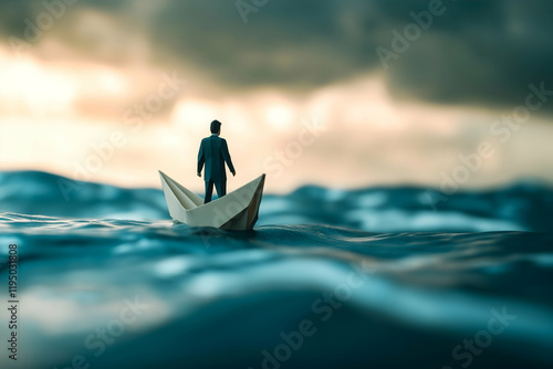 A solitary figure stands on a paper boat amidst turbulent waves, surrounded by a dramatic sky, symbolizing isolation and resilience. photo