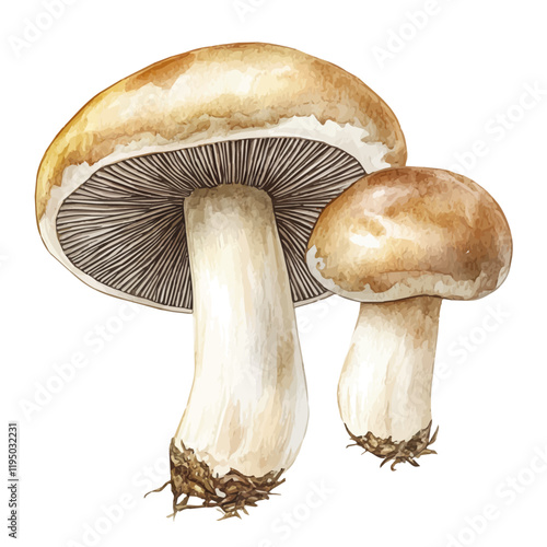 A watercolor drawing of a shiitake mushroom, isolated on a white background. Shiitake mushroom vector.
