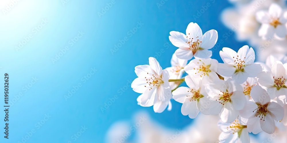 Fototapeta premium White cherry blossom flowers in full bloom with vibrant yellow centers against a soft blue gradient background ideal for promotional use