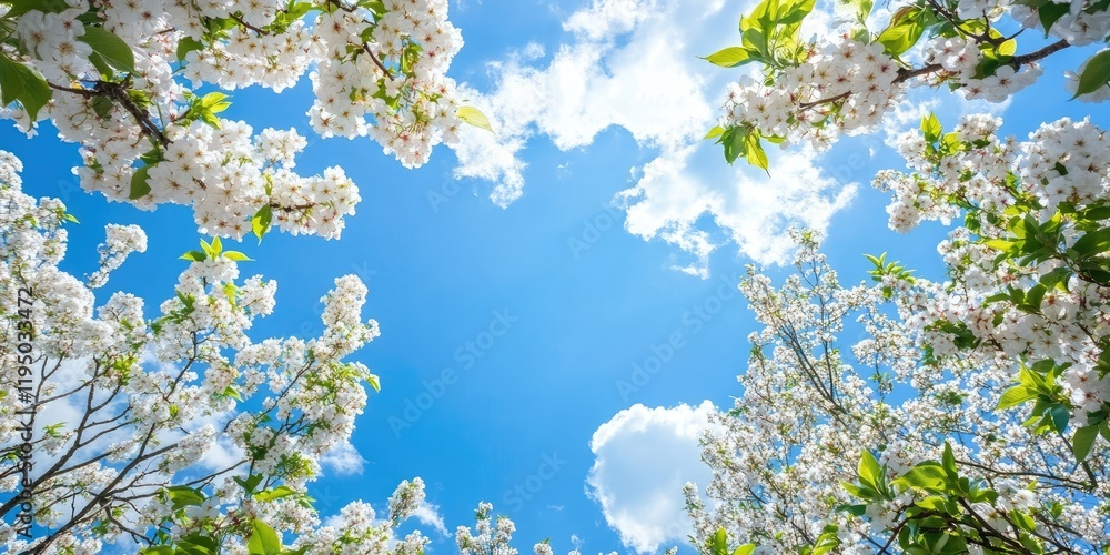 Springtime blossoms framed by vibrant white flowers against a clear bright blue sky with fluffy clouds in the background. Springtime blossoms framed by vibrant white flowers against a clear bright blue sky with fluffy clouds in the background.