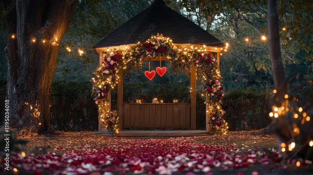 Fototapeta premium Romantic Gazebo at Night: A charming gazebo adorned with twinkling fairy lights, lush red floral arrangements.