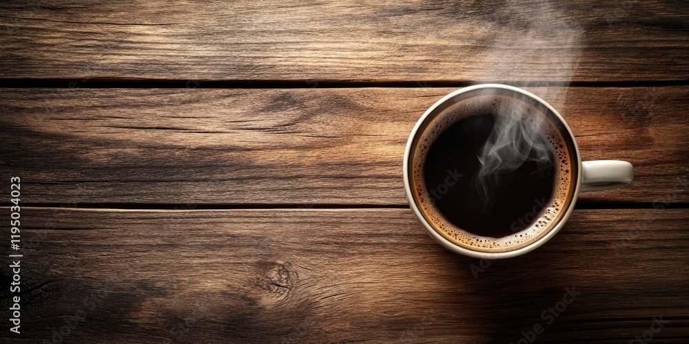 Birds eye view of a steaming black coffee cup positioned on a rustic wooden table with light brown and dark brown tones creating warmth and comfort Birds eye view of a steaming black coffee cup positioned on a rustic wooden table with light brown and dark brown tones creating warmth and comfort