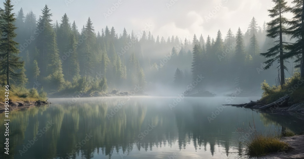 A misty morning fog rolling in over the forest and lake, nature photography, autumn forest A misty morning fog rolling in over the forest and lake, nature photography, autumn forest