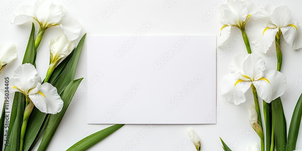 Elegant white iris flowers arranged around a blank card on a pristine white background showcasing serene flat lay composition for mockup design Elegant white iris flowers arranged around a blank card on a pristine white background showcasing serene flat lay composition for mockup design