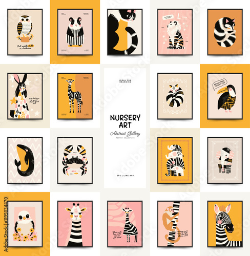 Abstract Childrens Room posters template with animals. Modern trendy Kids minimal style. Hand drawn design for wallpaper, wall decor, print, postcard, cover, template, banner.