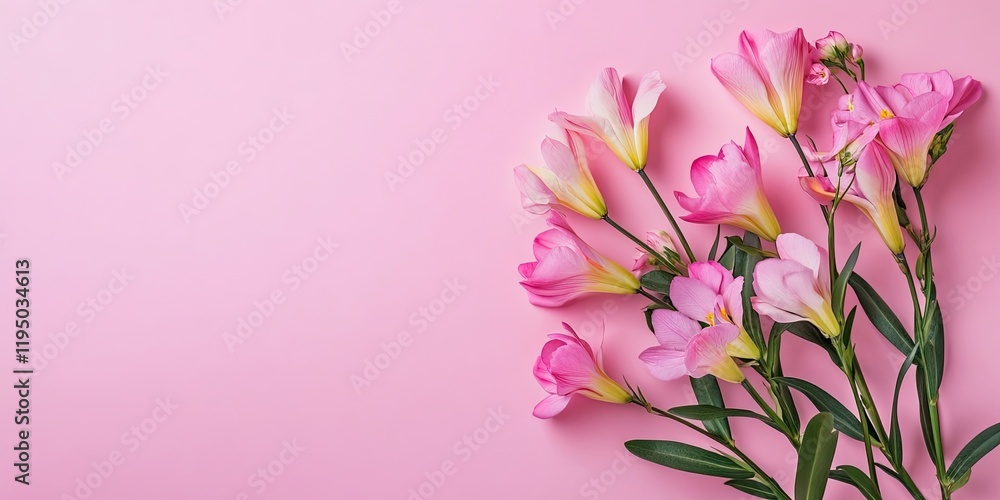 Freesia flowers in soft pink hues arranged to the left on a pastel pink background with ample space for text on the right side. Freesia flowers in soft pink hues arranged to the left on a pastel pink background with ample space for text on the right side.