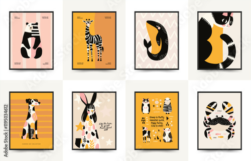 Abstract Childrens Room posters template with animals. Modern trendy Kids minimal style. Hand drawn design for wallpaper, wall decor, print, postcard, cover, template, banner.