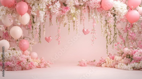 Pink Floral Balloon Backdrop: A dreamy, romantic backdrop featuring cascading pink and white flowers, delicate heart decorations, and pastel pink balloons.