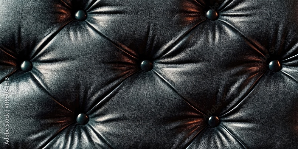 Fototapeta premium Black leather texture with deep button tufting in glossy black fills the entire frame creating a rich, elegant surface pattern.
