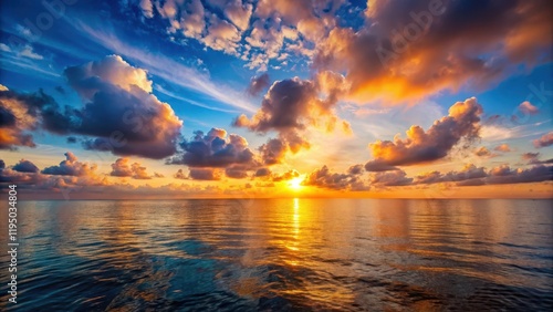 Sunset glow on the ocean horizon with a few clouds , sun rise, peaceful atmosphere, sun rise, peaceful atmosphere